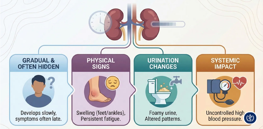 Infographic minh họa cách huyết áp cao và tiểu đường phá hủy các mao mạch cầu thận.